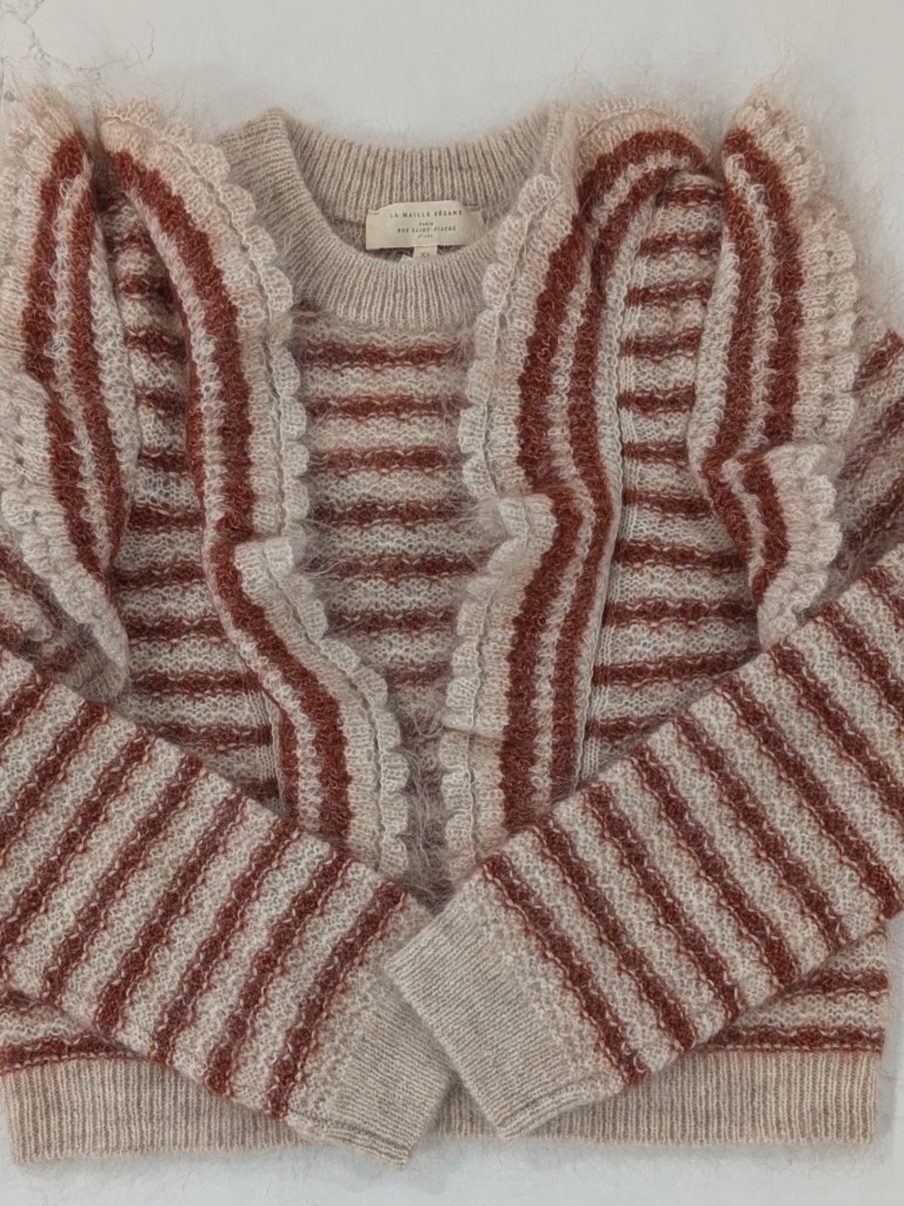NWT Sézane Ariane Striped Mohair Knit Sweater XS Cream Rust Orange Ruffle Jumper